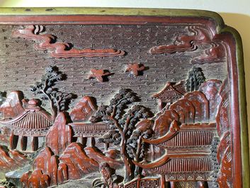 A pair of Chinese black and red cinnabar lacquer square dishes, Qianlong mark and of the period